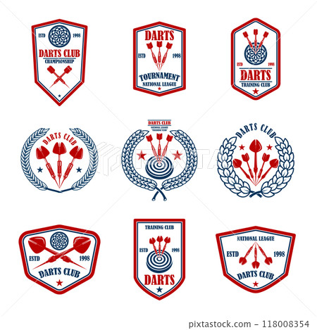 Set of emblems with darts. Design element for logo, label, sign, emblem. Vector illustration 118008354