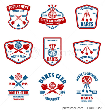 Set of emblems with darts. Design element for logo, label, sign, emblem. Vector illustration Set of emblems with darts. Design element for logo, label, sign, emblem. Vector illustration 118008355