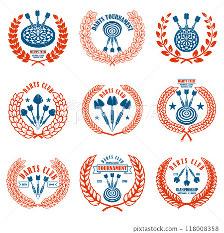 Set of emblems with darts. Design element for logo, label, sign, emblem. Vector illustration 118008358