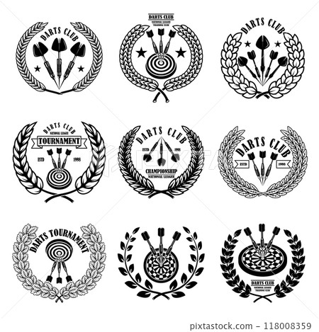 Set of emblems with darts. Design element for logo, label, sign, emblem. Vector illustration 118008359