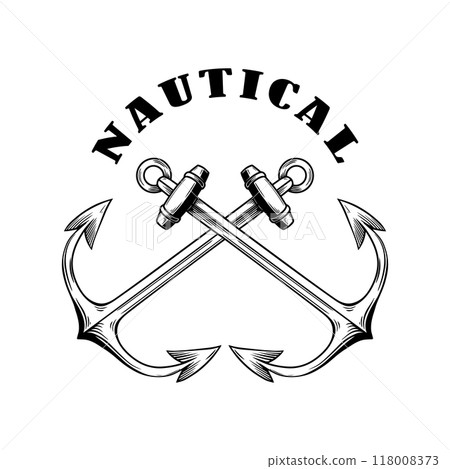 Nautical. Vintage emblem with crossed anchors. Design element for emblem, sign, badge, logo. Vector illustration Nautical. Vintage emblem with crossed anchors. Design element for emblem, sign, badge, logo. Vector illustration 118008373