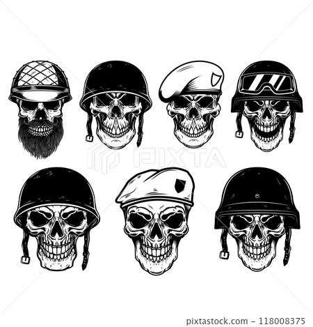 Soldier skull in military helmet. Design element for logo, label, sign. Vector illustration Soldier skull in military helmet. Design element for logo, label, sign. Vector illustration 118008375