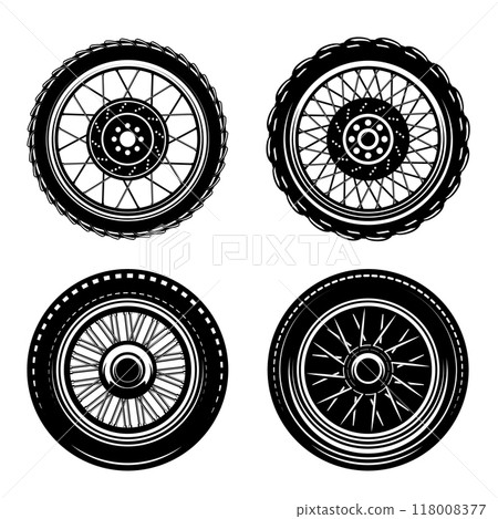 Set of wheel illustrations in monochrome style. Design element for logo, label, sign, emblem. Vector illustration Set of wheel illustrations in monochrome style. Design element for logo, label, sign, emblem. Vector illustration 118008377