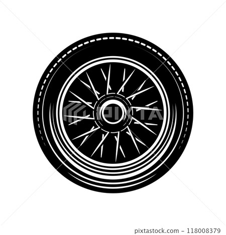 Wheel illustration in monochrome style. Design element for logo, label, sign, emblem. Vector illustration 118008379