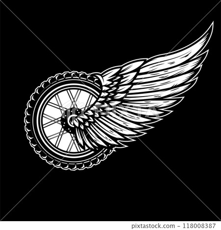 Winged wheel in monochrome style. Design element for logo, label, sign, emblem. Vector illustration 118008387