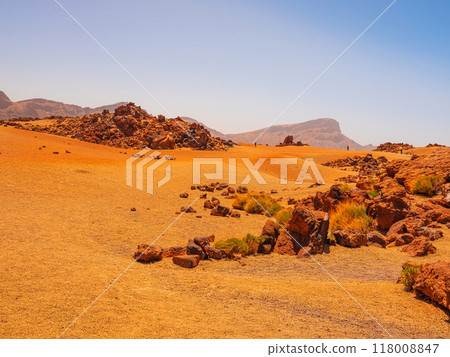 spot in Tenerife with many red rocks and beautiful mountain landscape background 118008847