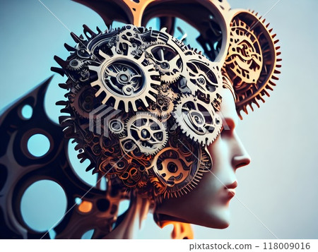 Accumulation of gears in the human head. Abstract elements as a metaphor on the subject of intelligence, logical thinking, mental processes and brain power. Created with generative AI tools 118009016