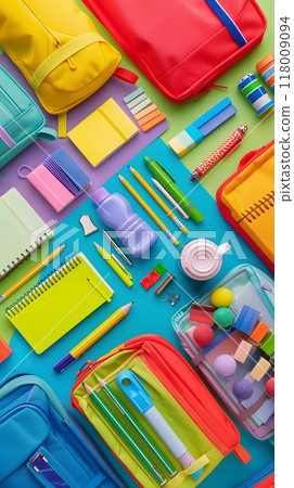 Colorful School Supplies and Backpacks Arranged on Blue, Green, And Purple Background 118009094
