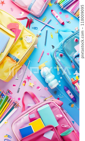 Colorful School Supplies and Backpacks Scattered on Blue and Pink Background Colorful School Supplies and Backpacks Scattered on Blue and Pink Background 118009095