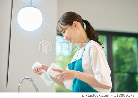 家庭主婦打掃洗手間的家務形象 118009172