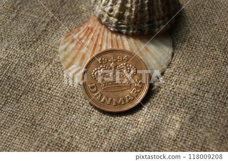 Danish coin. Coin with crown. Danish coin. Coin with crown. 118009208