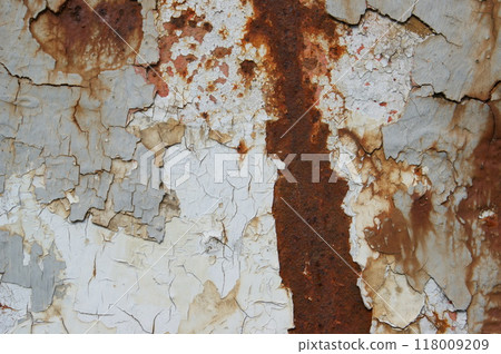 Texture cracked paint on an iron sheet. Fragment of an old metal gate, Metal Corrosion. Texture cracked paint on an iron sheet. Fragment of an old metal gate, Metal Corrosion. 118009209
