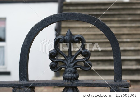 A fragment of a black metal fence. 118009305