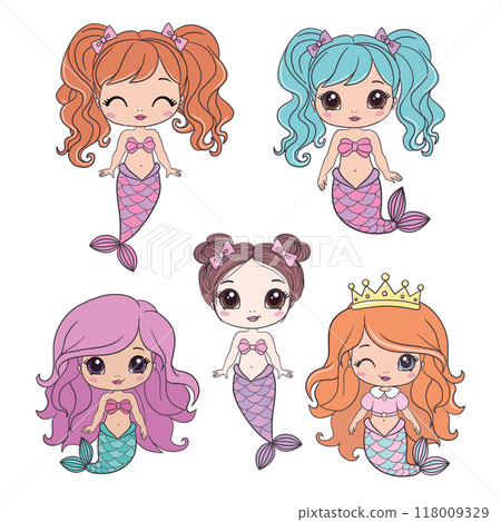 set of happy cute little mermaids isolated on a white background. Children's fantasy underwater sea siren with a long tail 118009329