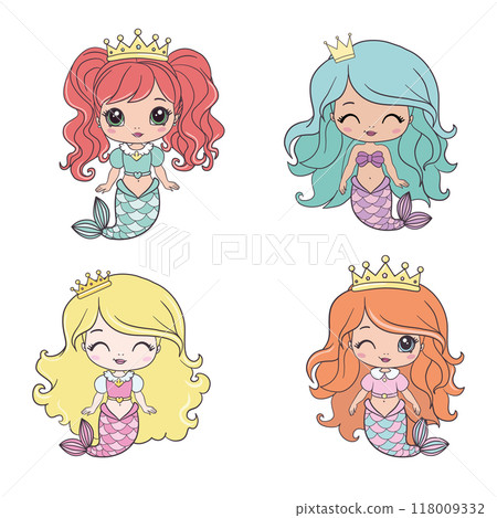 set of happy cute little mermaids isolated on a white background. Children's fantasy underwater sea siren with a long tail 118009332