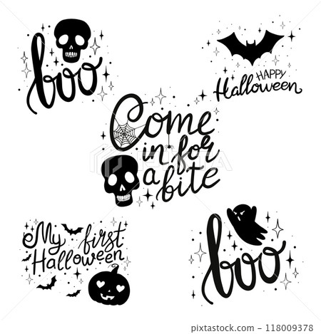 Happy Halloween concept. Set of holiday quotes: happy halloween. Vector illustration of pumpkin, witch hat, bat. Happy Halloween concept. Set of holiday quotes: happy halloween. Vector illustration of pumpkin, witch hat, bat. 118009378