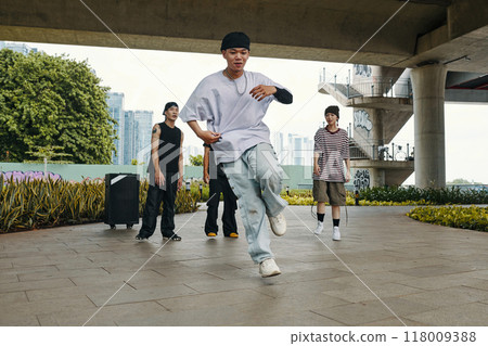 Dancing Hip Hop Outdoors in Urban Setting with Friends Dancing Hip Hop Outdoors in Urban Setting with Friends 118009388