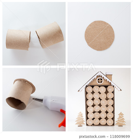 Step by step instruction on how to make advent calendar with numbered compartments in house shape, using recycle toilet paper tubes, simple craft for kids, process art, DIY, tutorials, 118009699