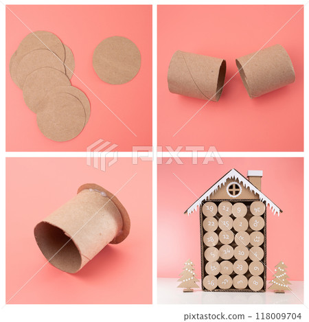 how to make advent calendar with numbered compartments in house shape, using recycle toilet paper tubes, simple craft for kids, process art, DIY, tutorials, pink 118009704