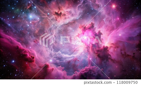 Pink space nebula clouds among star pigs 118009750