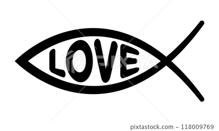 Jesus fish symbol with the word LOVE in capital letters. Sign of the fish, a symbol of early Christianity, consisting of 2 intersecting arcs, also called ichthys or ichthus, the Greek word for fish. 118009769