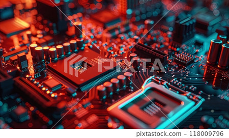 a computer motherboard, highlighting the intricate circuitry, microchips, and various electronic components 118009796