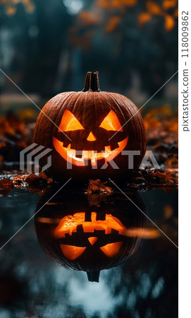 a glowing jack-o'-lantern with a carved, sinister grin, reflecting in a puddle and surrounded by fallen autumn leaves 118009862