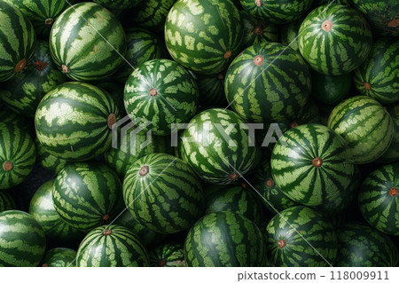 A pile of fresh green watermelons with vibrant stripes and rich green foliage. Perfect for summer, these juicy, ripe fruits are a refreshing, healthy snack, showcasing nature's bounty organic produce 118009911