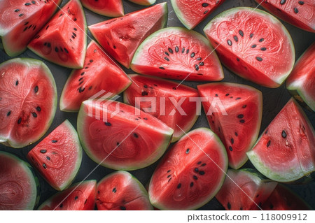 Freshly cut watermelon slices arranged on a surface, showcasing their vibrant red flesh and black seeds. The juicy and refreshing fruit, perfect for summer, offers a healthy and delicious treat rich 118009912