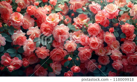 Beautiful pink roses and green leaves forming a floral pattern, perfect for backgrounds 118009918