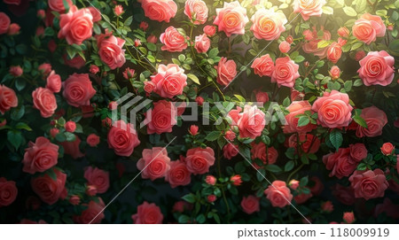 Lush wall of vibrant pink roses in full bloom, creating a romantic and elegant floral background 118009919