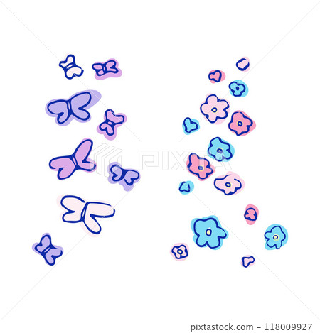 Colorful butterflies and flowers in blue, pink, and purple with outlines. Whimsical and playful illustration depicting springtime nature. Perfect for decorative and cheerful designs 118009927