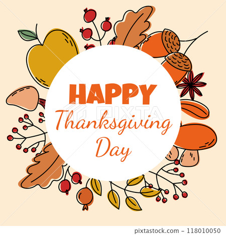 Thanksgiving day template of apple, mushrooms, corn, leaves and berries Thanksgiving day template of apple, mushrooms, corn, leaves and berries 118010050