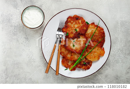 potato pancakes, pancakes with sour cream, Belarusian dish, homemade, no people, 118010182