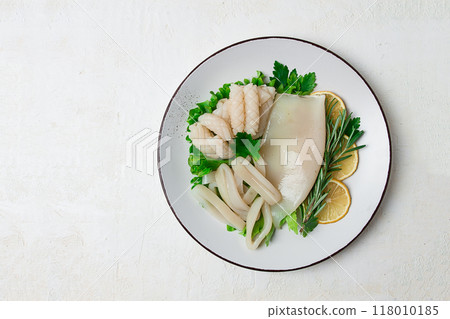 Fresh squid , raw, carcass, cut into rings, top view, no people, 118010185