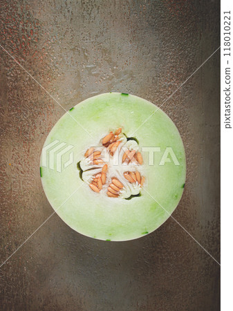 Dino melon, cut, on the table, top view, no people, Dino melon, cut, on the table, top view, no people, 118010221