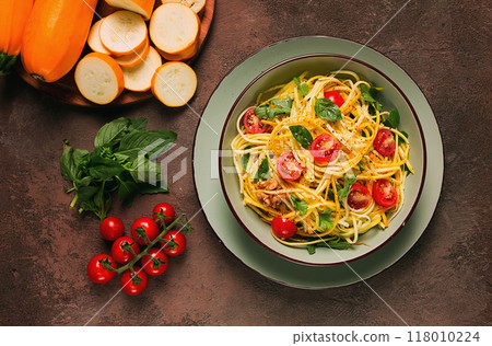 yellow zucchini salad, with cherry, vegetarian food, sliced into strips, homemade, yellow zucchini salad, with cherry, vegetarian food, sliced into strips, homemade, 118010224