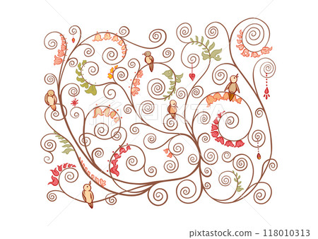 Tree branches with birds, inspired by Gustav Klimt's tree of life 118010313