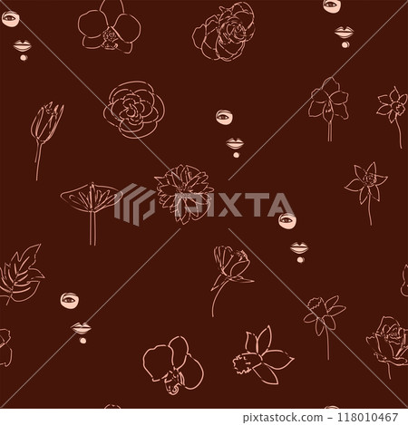 Woman face Continuous line seamless pattern. Abstract Female portrait with flowers. Drawing vector Wallpaper 118010467