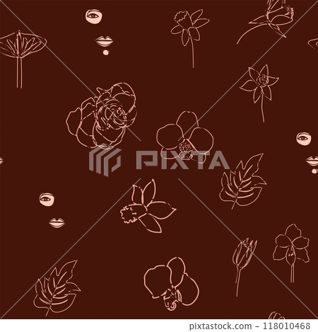 Woman face Continuous line seamless pattern. Abstract Female portrait with flowers. Drawing vector Wallpaper Woman face Continuous line seamless pattern. Abstract Female portrait with flowers. Drawing vector Wallpaper 118010468