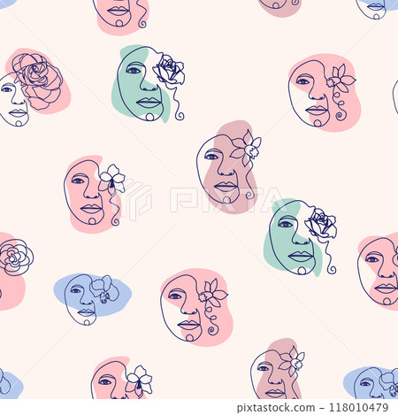 Female portrait Outline woman face, abstract flowers leaves, line continuous drawing vector seamless pattern Female portrait Outline woman face, abstract flowers leaves, line continuous drawing vector seamless pattern 118010479