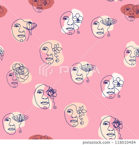 Female portrait Outline woman face, abstract flowers leaves, line continuous drawing vector seamless pattern 118010484