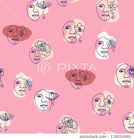 Female portrait Outline woman face, abstract flowers leaves, line continuous drawing vector seamless pattern Female portrait Outline woman face, abstract flowers leaves, line continuous drawing vector seamless pattern 118010486