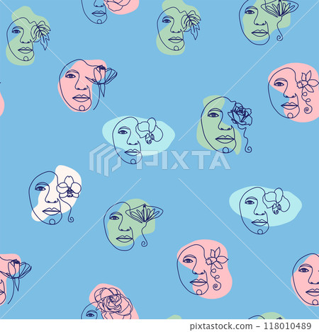Female portrait Outline woman face, abstract flowers leaves, line continuous drawing vector seamless pattern Female portrait Outline woman face, abstract flowers leaves, line continuous drawing vector seamless pattern 118010489