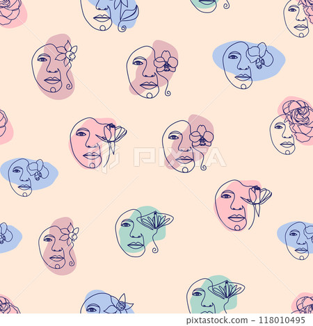 Female portrait Outline woman face, abstract flowers leaves, line continuous drawing vector seamless pattern 118010495