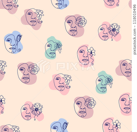 Female portrait Outline woman face, abstract flowers leaves, line continuous drawing vector seamless pattern 118010496