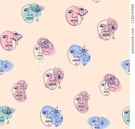Female portrait Outline woman face, abstract flowers leaves, line continuous drawing vector seamless pattern 118010499