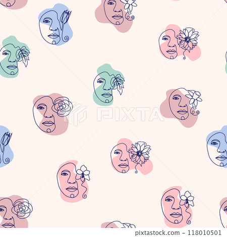 Female portrait Outline woman face, abstract flowers leaves, line continuous drawing vector seamless pattern Female portrait Outline woman face, abstract flowers leaves, line continuous drawing vector seamless pattern 118010501