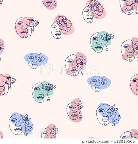 Female portrait Outline woman face, abstract flowers leaves, line continuous drawing vector seamless pattern Female portrait Outline woman face, abstract flowers leaves, line continuous drawing vector seamless pattern 118010502