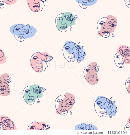 Female portrait Outline woman face, abstract flowers leaves, line continuous drawing vector seamless pattern 118010504